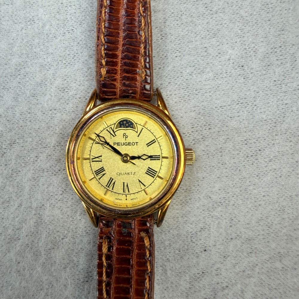 Peugeot Womens Quartz Watch Gold Tone Moon Phase Roman Numeral Brown Leather